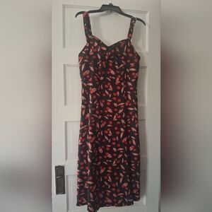 SHEIN Black Midi Dress with Red Leaf Print
